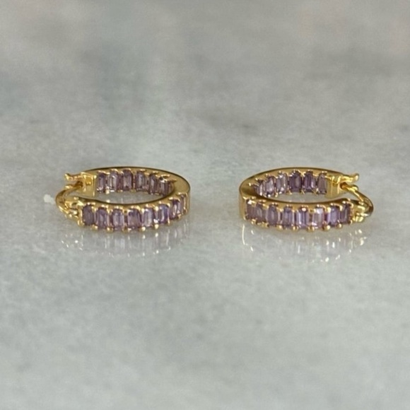 NEW STOCK Gold Thick Purple Princess Crystal Hoop Earrings - Picture 5 of 5